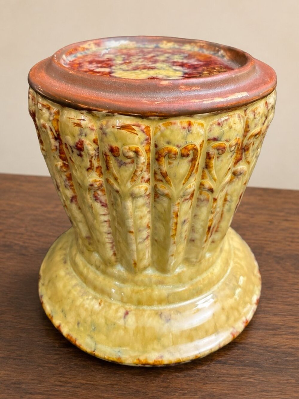 Vintage Glazed Ceramic Pedestal Pillar Candle Holder Heart Scroll 4.75 Inch